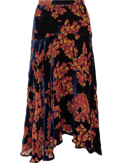 Saloni - Ida Printed Devoré-velvet Midi Skirt - Navy | NET-A-PORTER (US)