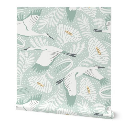 Serene Skies - Crane Floral Mint Green Ivory Large | Spoonflower