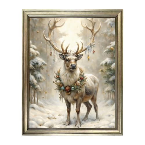 Christmas Wall Decor Vintage Framed Reindeer Oil Painting Winter canvas Print Deer Picture Christmas Home Decoration | Amazon (US)