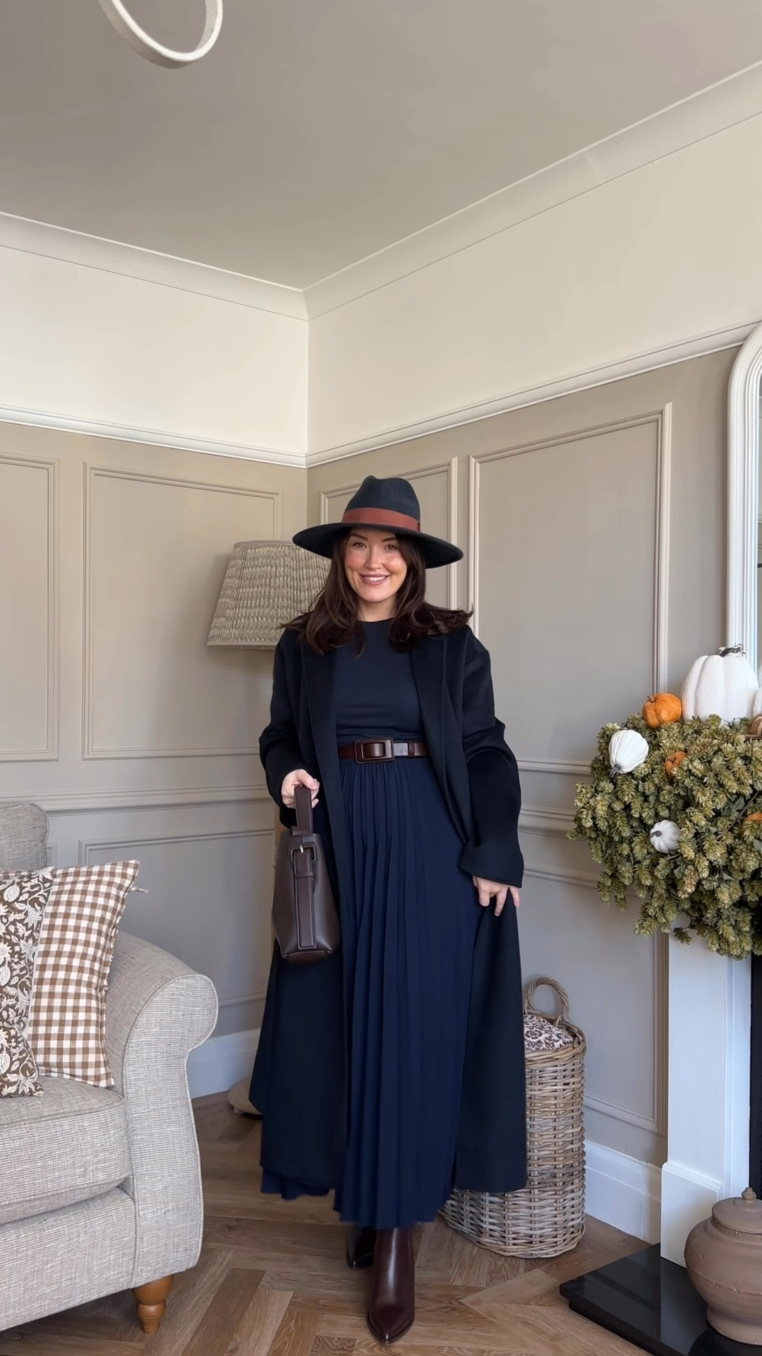 Autumn winter navy outfit pleated skirt and chocolate accessories 

#LTKuk #LTKwinter #LTKautumn