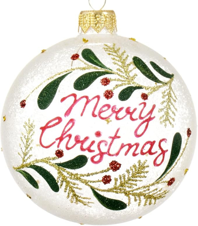Merry Christmas Blown Glass Ornament - European Mouth-Blown Clear Frosted Glass Ball | Amazon (US)