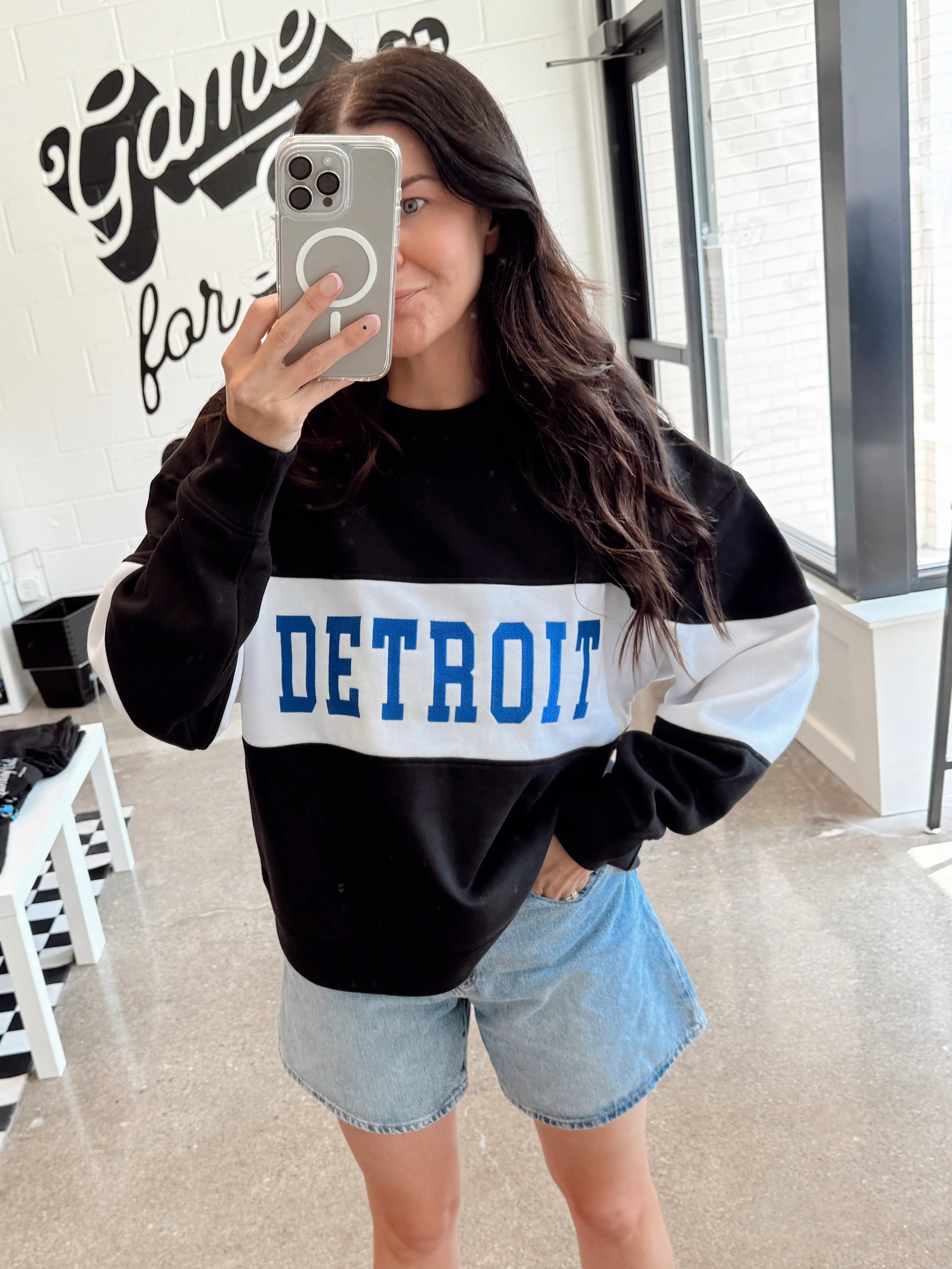 Detroit BLUE Varsity Colorblock Oversized Boyfriend Crew | Kiloh + Co.
