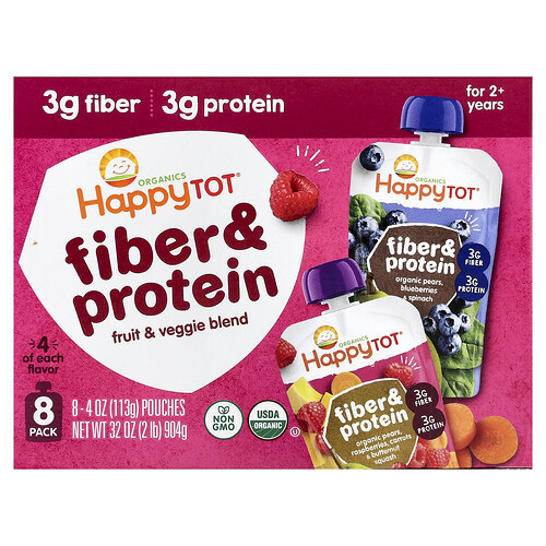 Happy Family Organics, Happy Tot®, Fiber & Protein, For 2+ Years, Variety Pack, 8 Pouches, 4 oz (113 g) Each | iHerb