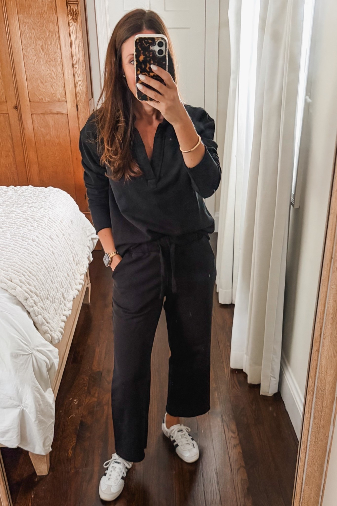 Black jogging set from @Quince .  This set is true to size and has a lose comfy fit.  The quality is amazing.  They are cropped and petite friendly. I am wearing an xs and I am 5’2.

#LTKOver40 #LTKootd #LTKPetite