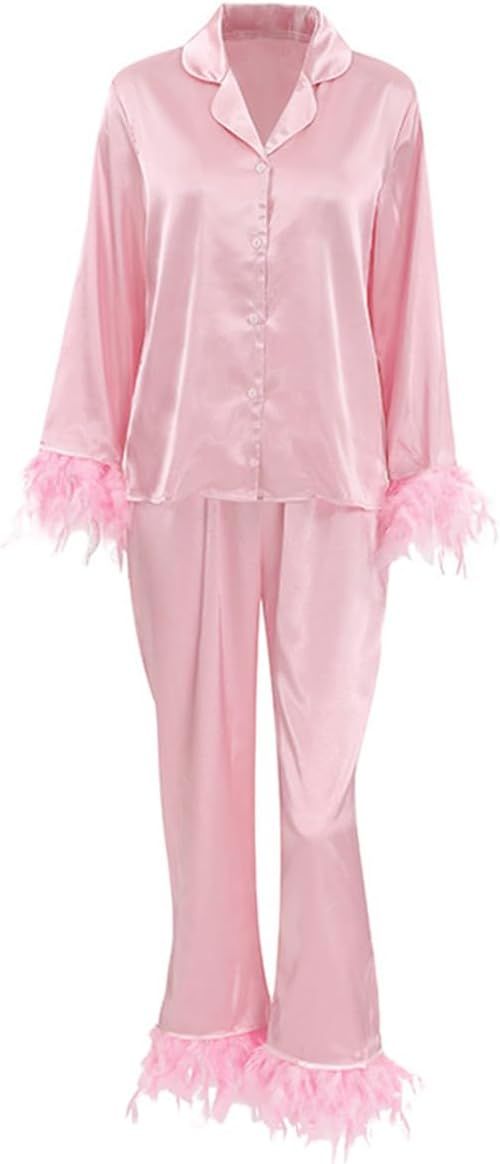 VALITY Women's Pajama Set Feather Trim Lounge Sets Satin Silk Pj Set Long Sleeve Loungewear Sleep... | Amazon (US)
