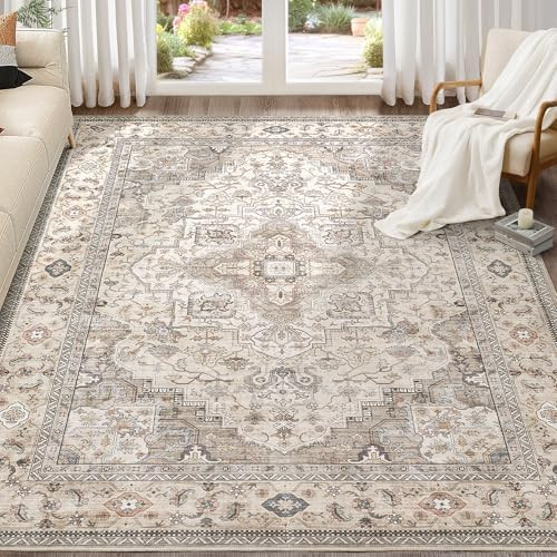 Washable Area Rugs for Living Room - 8x10 Neutral Vintage Distressed Floral Farmhouse Boho Large ... | Amazon (US)