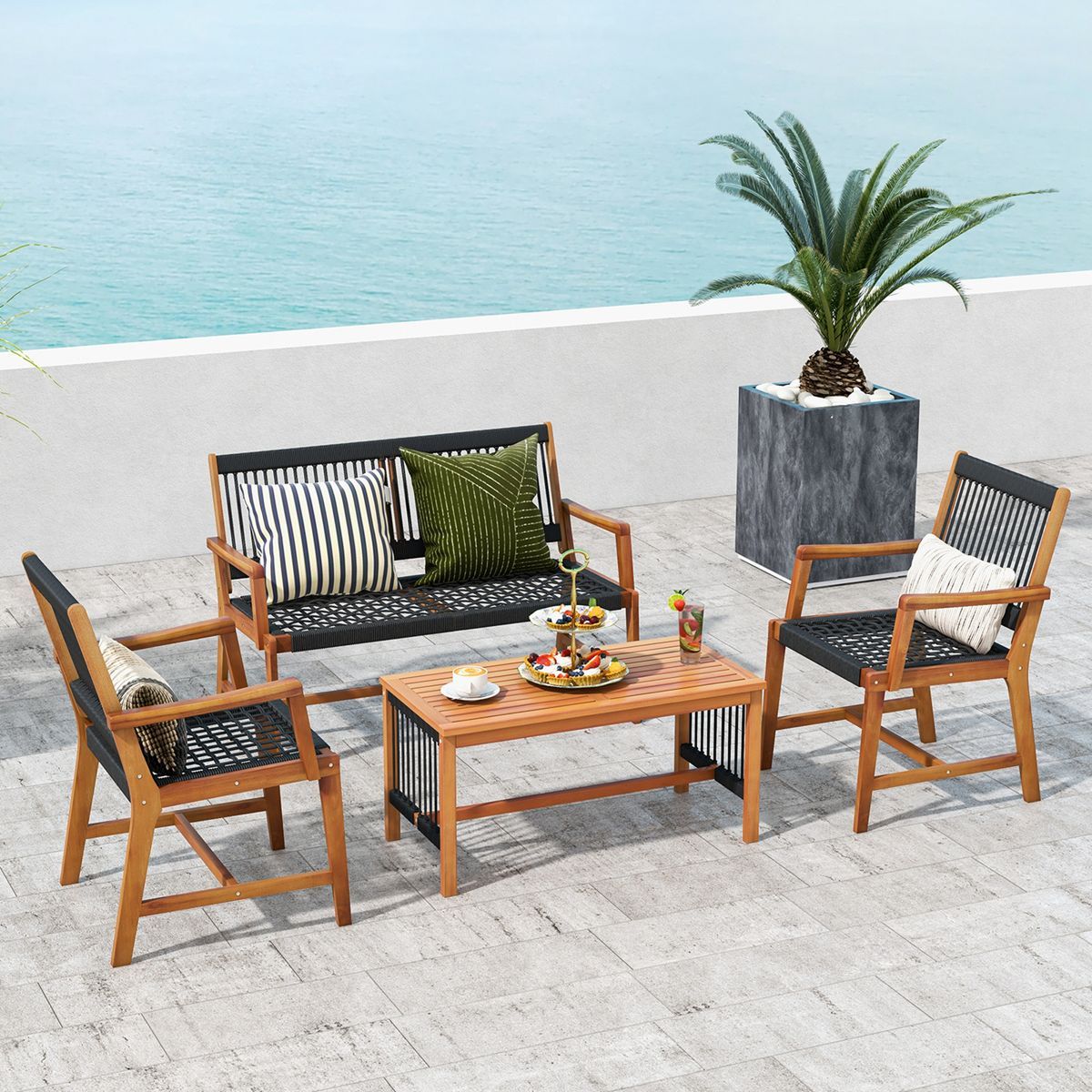 Costway Patio 4pcs Acacia Wood Conversation Table & Chair Set Hand-Woven Rope Outdoor | Target