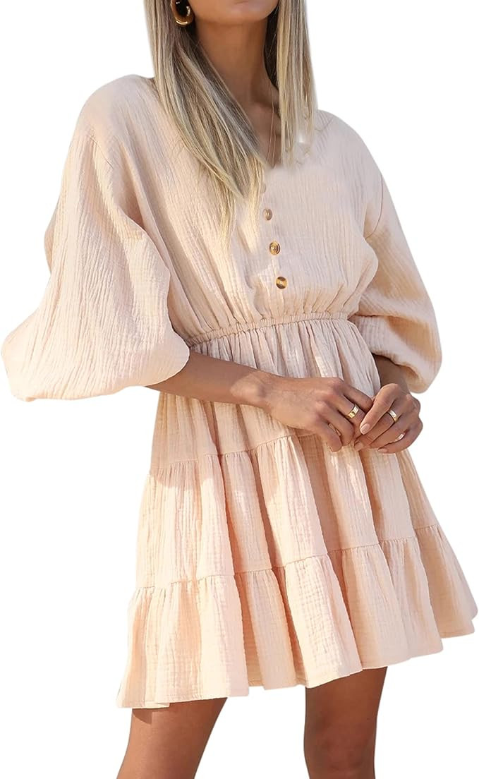 R.Vivimos Women's Summer Linen Puff Sleeves Casual Button Up A-Line Casual Skater Mini Dresses | Amazon (US)