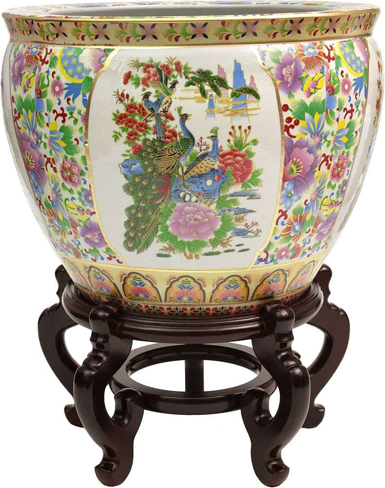 14" Birds Flowers Porcelain Fishbowl Multi Color Traditional Handmade | Amazon (US)