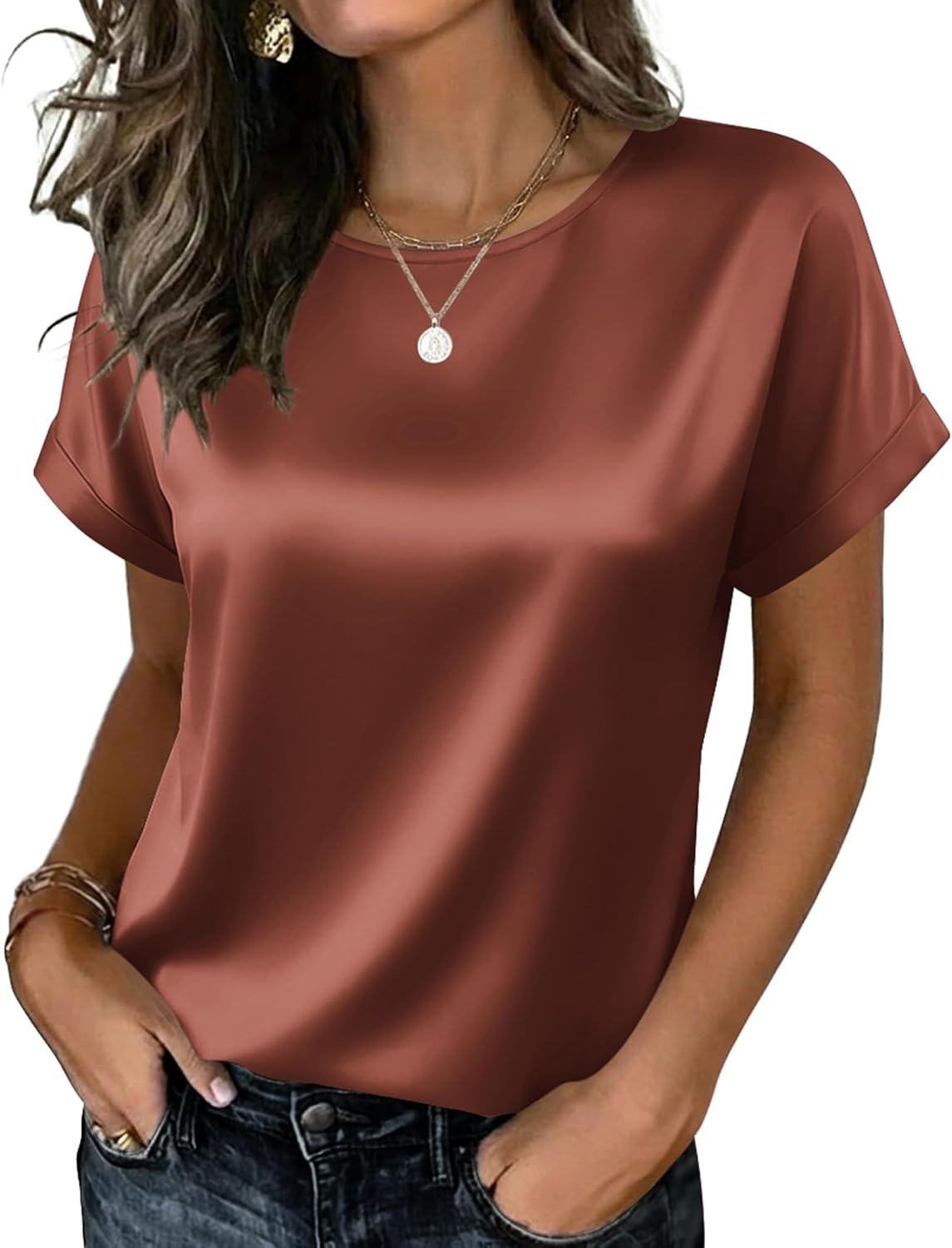 Zeagoo Satin Silk Blouses Short Sleeve Crewneck Top for Women Dressy Casual | Amazon (US)