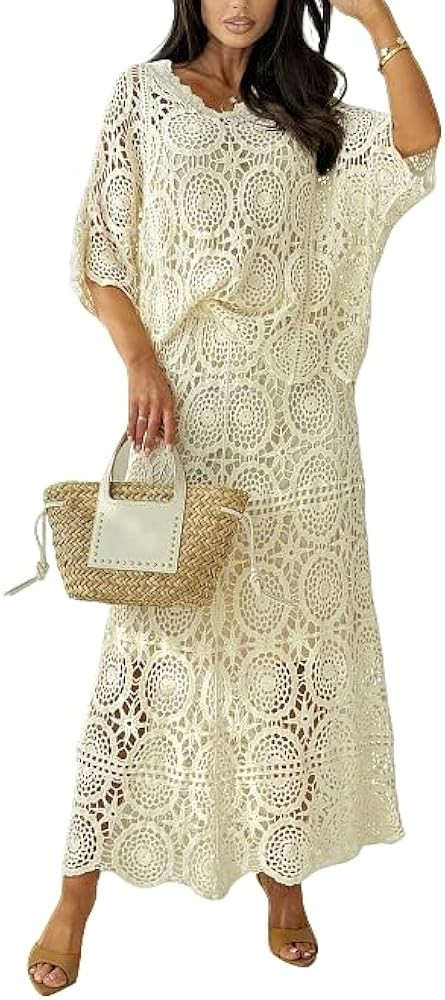Crochet Beach Swimsuits Cover Up 2 Piece for Women Hollow Out Batwing Sleeve Top Maxi Skirt Boho ... | Amazon (US)