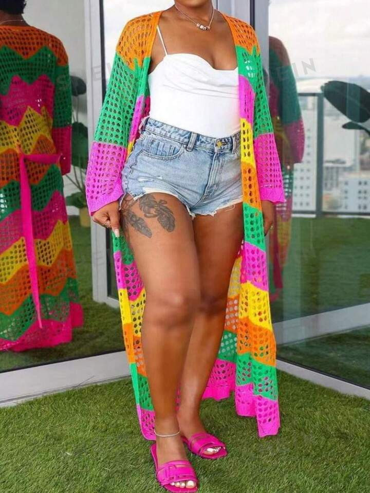 SHEIN Slayr Plus Size Summer Holiday Contrast-Color Crochet Hollow-Out Long Cardigan | SHEIN