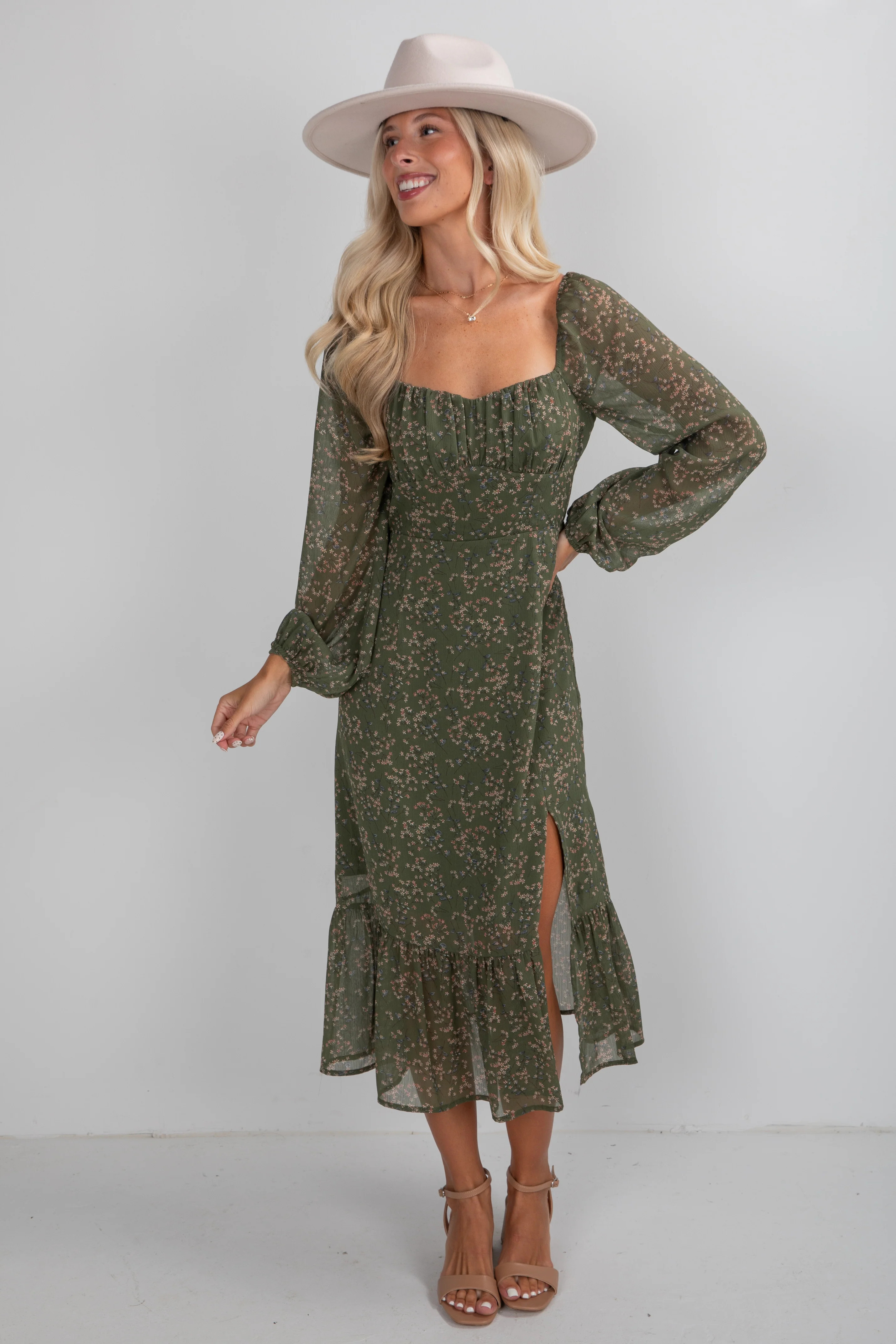 Cute Olive Floral Midi Dress | Fall Dresses For Women | ShopDressUp | Dress Up