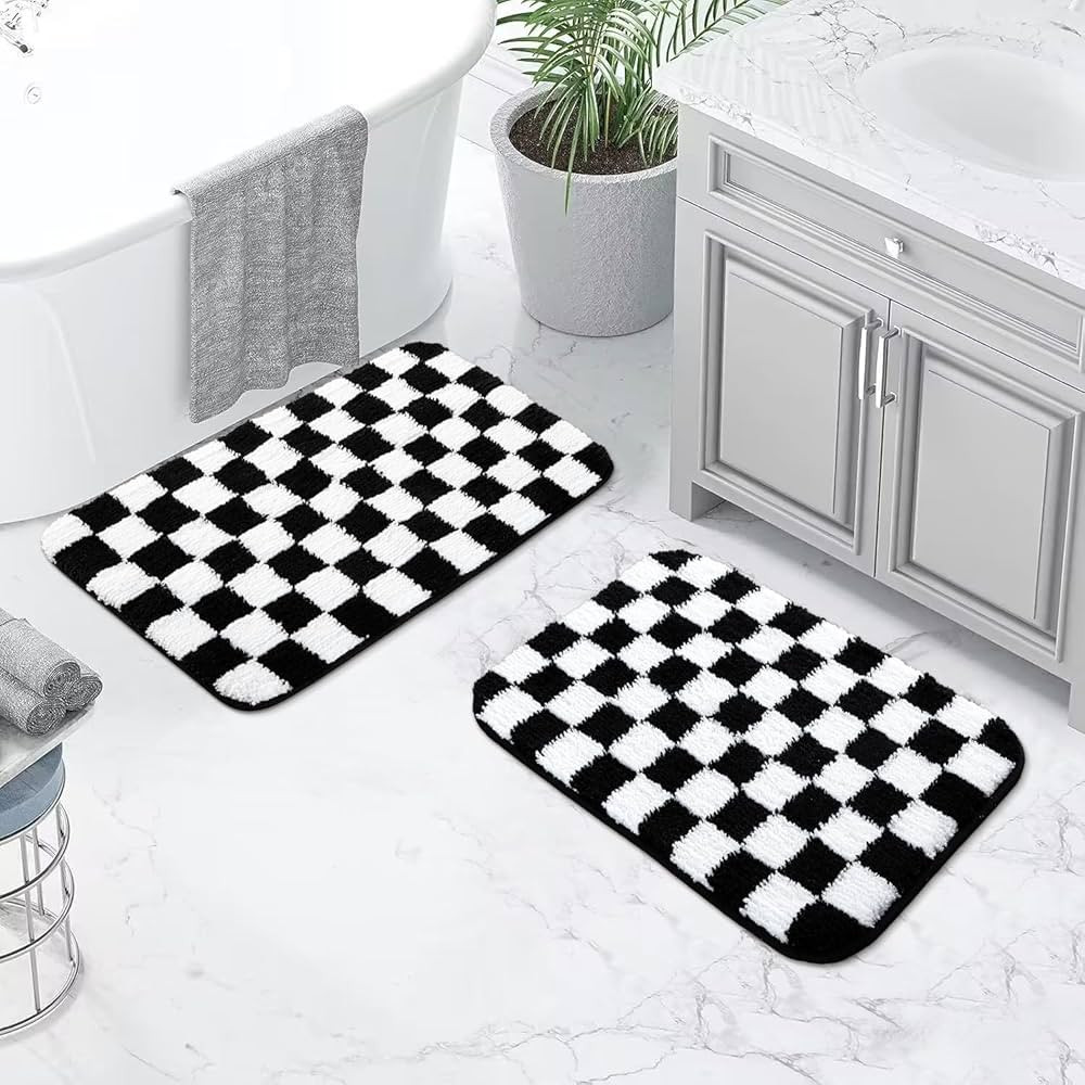 Uphome Bathroom Rugs Set, Black and White Checkered Bathroom Mats 2 Piece, Non Slip Water Absorbe... | Amazon (US)