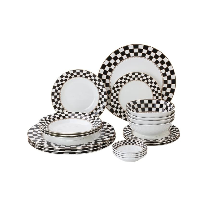 Porlien Checker Pattern 20-piece Round Dinnerware Set for 4, Porcelain Dinner Sets | Amazon (US)