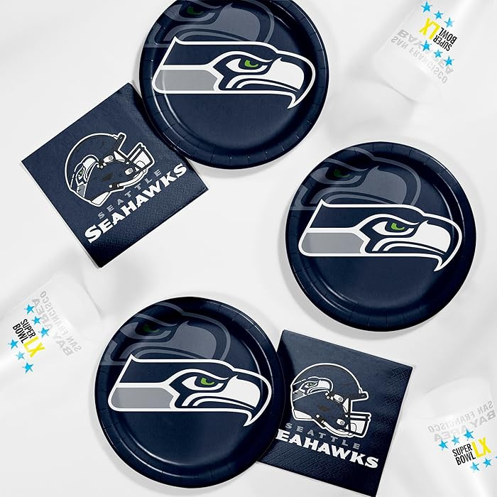NFL Super Bowl LX 2026 Seattle Seahawks Football Party Tableware Kit with Tablecover, Serves 16 | Amazon (US)