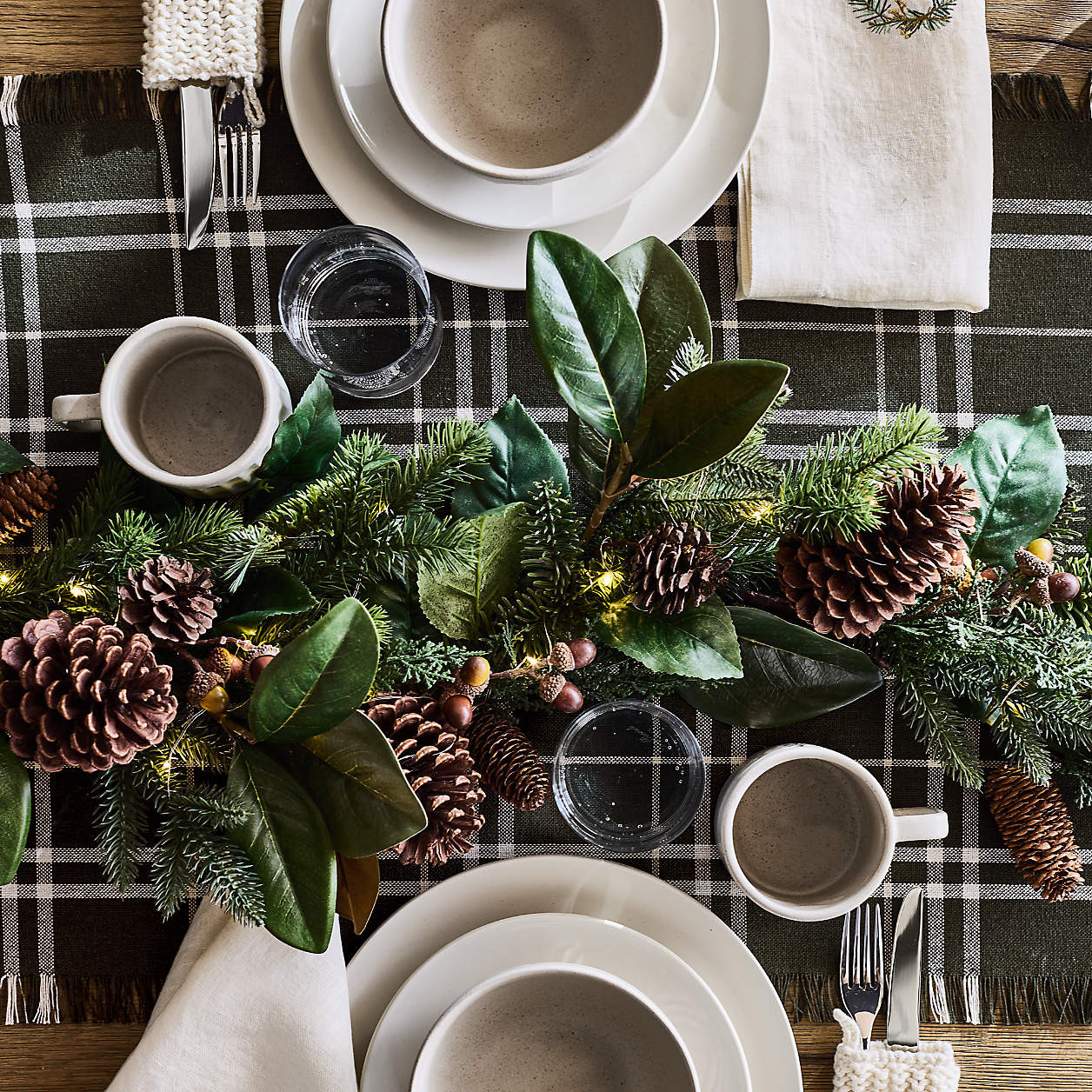 Faux Magnolia and Pinecone Pre-Lit Holiday Pine Wreath and Garland Set + Reviews | Crate & Barrel | Crate & Barrel