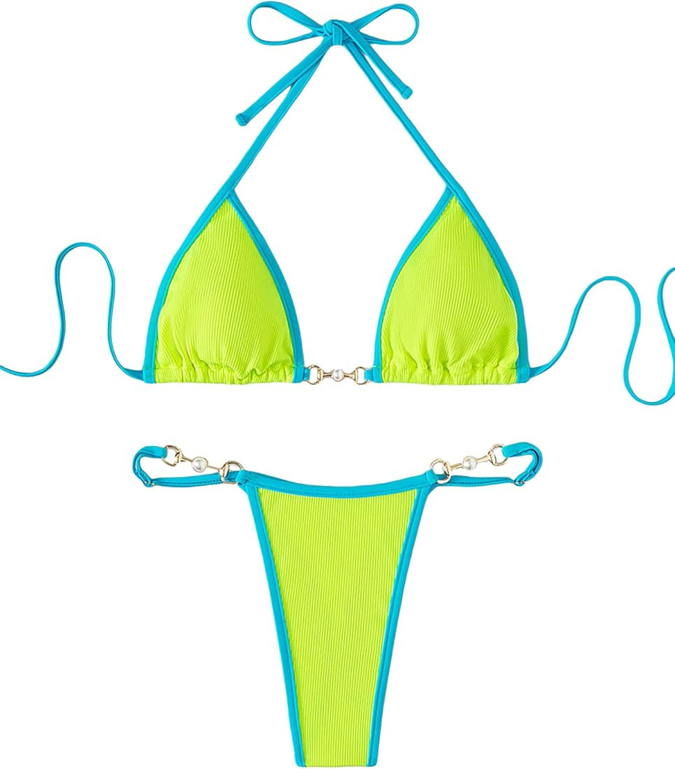 SheIn Women's 2 Piece Colorblock Micro Bikini Set Thong String Swimsuit Chain Bathing Suit | Amazon (US)