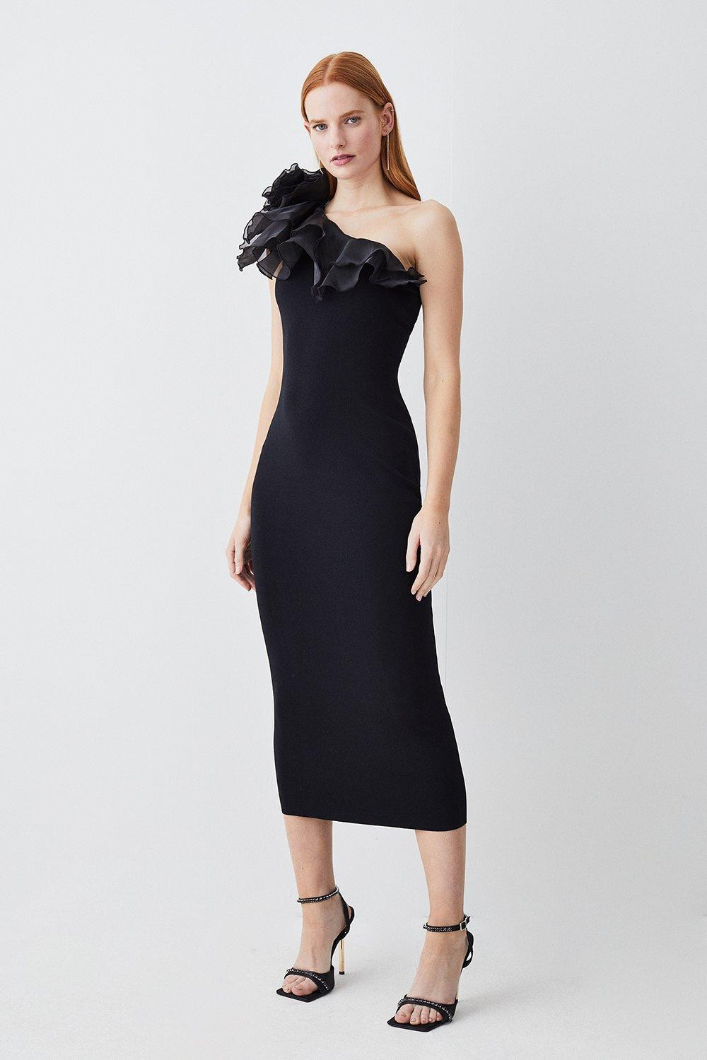 One Shoulder Organza Flower Detail Knit Midi Dress | Karen Millen US