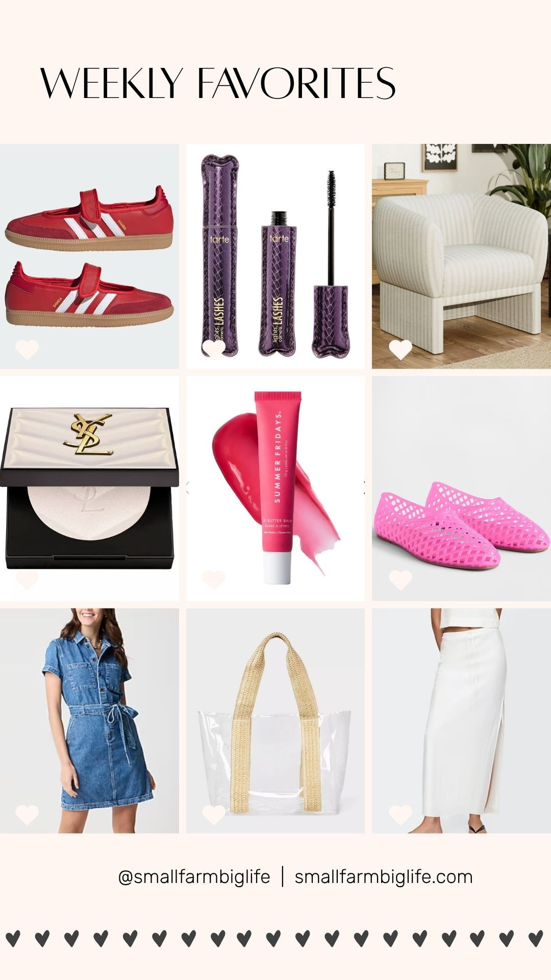 Weekly Favorites. Most Popular. Most Loved. Summer Favorites. White Linen-Blend Midi Skirt from Gap. Clear Wipeable Tote Handbag from Target. Denim utility dress from J.Crew Factory. Summer Fridays Lip Butter Balm Treatment from Sephora. Pink Jelly Ballet Flats From Gap. Yves Saint Laurent Hyper Luminize Highlighter from Macy's. Beautiful Neutral Stripe Accent Chair from Walmart. tarte Lights, Camera, Lashes! Volumizing Mascara Duo from QVC. Red Samba Jane Shoes from Adidas. 

 #LTKSummerEdit #LTKOver40