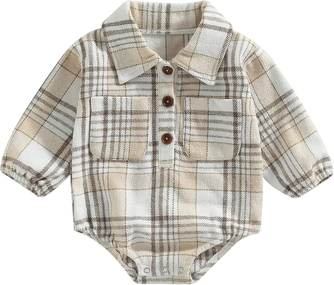 Baby Boy Plaid Shirt Romper Flannel Long Sleeve Oversized Tops Infant Button Down Fall Clothes | Amazon (US)