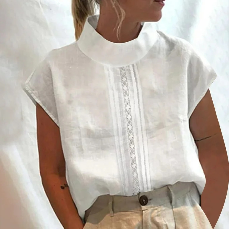 POTETI T Shirts for Women White Solid Color Casual High Neck Tops Cotton Linen Lace Blouses | Walmart (US)