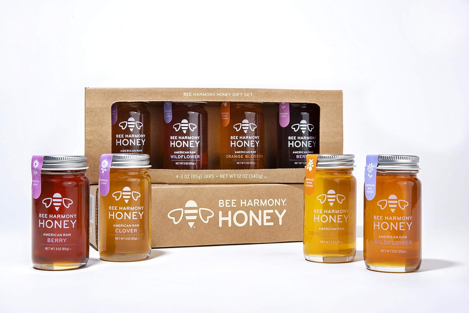 Bee Harmony Classic Honey Flight, Mini Honey Gift Set, 4 Jars, 3 OZ Each, Premium Raw Honey, Made... | Amazon (US)