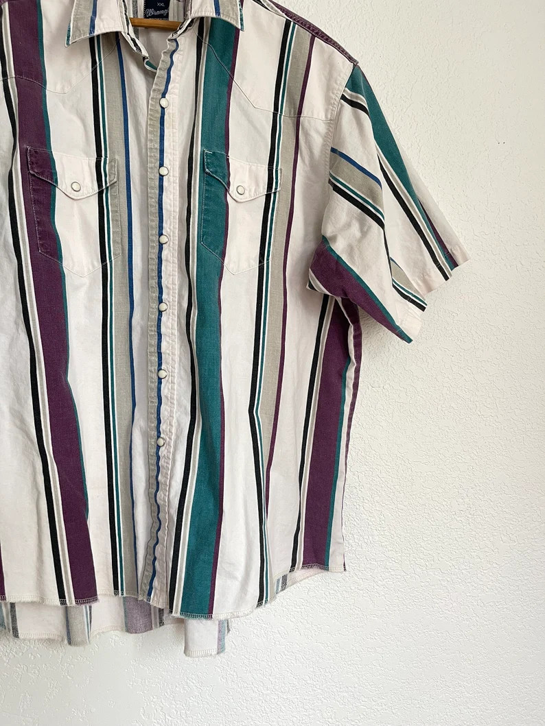 XL Vintage Wrangler 80s Striped Denim Pearl Snap Button Down Western Wear Shirt Classic Rodeo Ran... | Etsy (US)