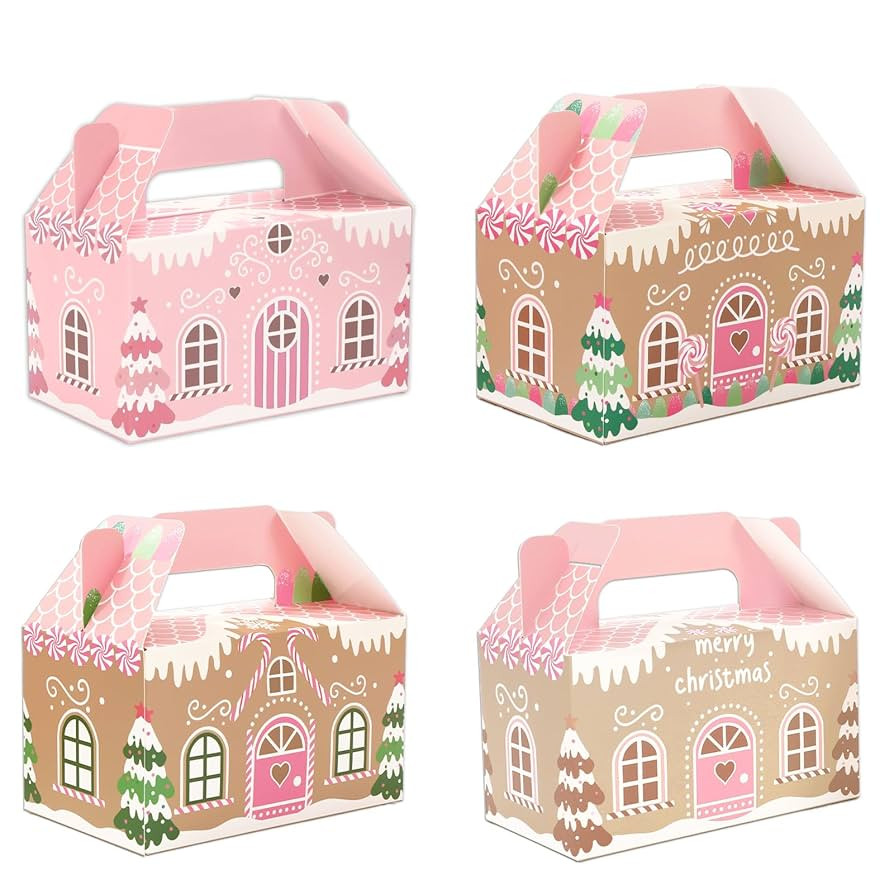 Whaline 24Pcs Christmas Treat Boxes with Handles Pink Gingerbread House Goodie Candy Bags Xmas Ga... | Amazon (US)