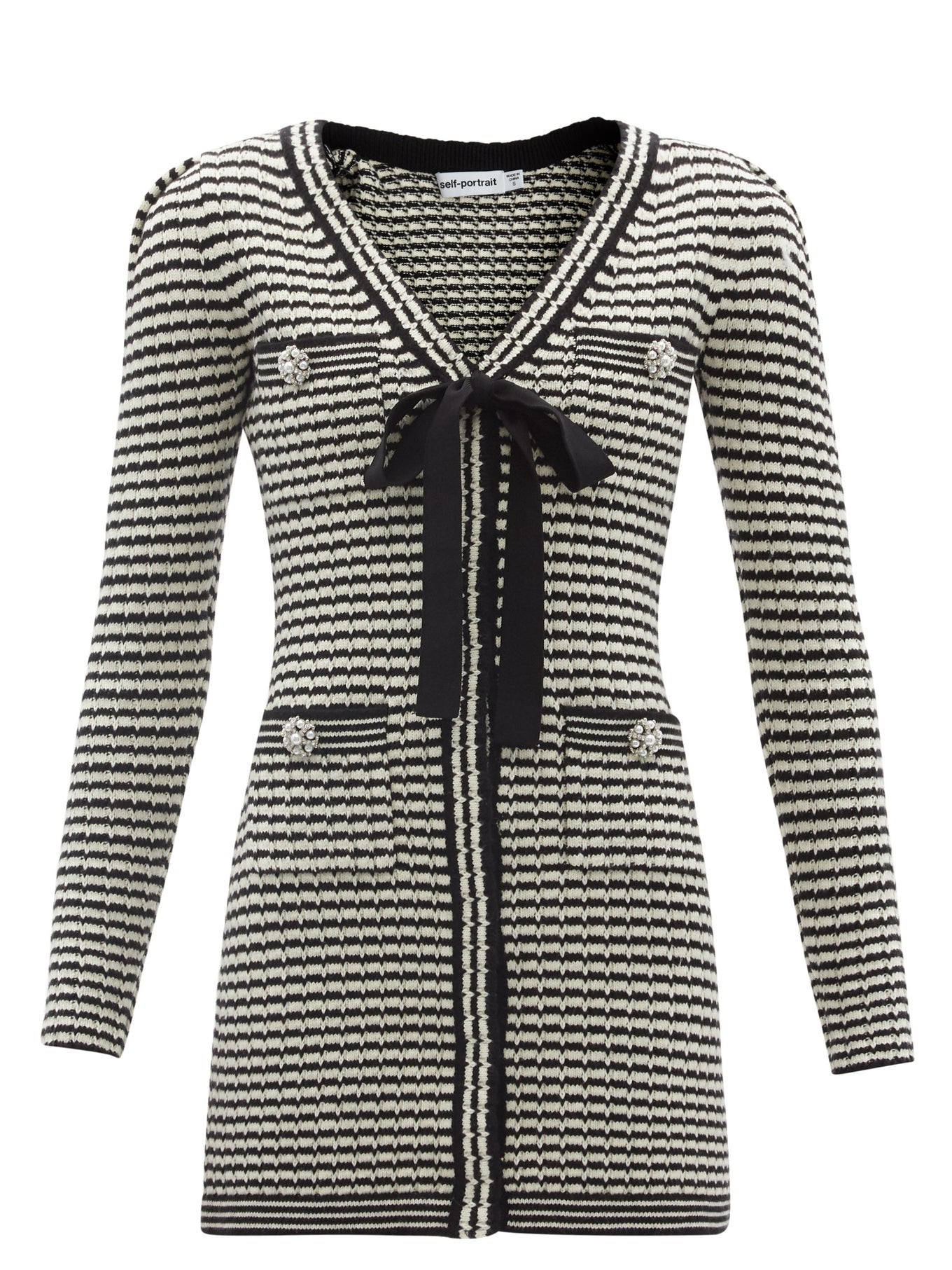 Pussy-bow ribbed striped cotton-blend mini dress | Self-Portrait | Matches (US)