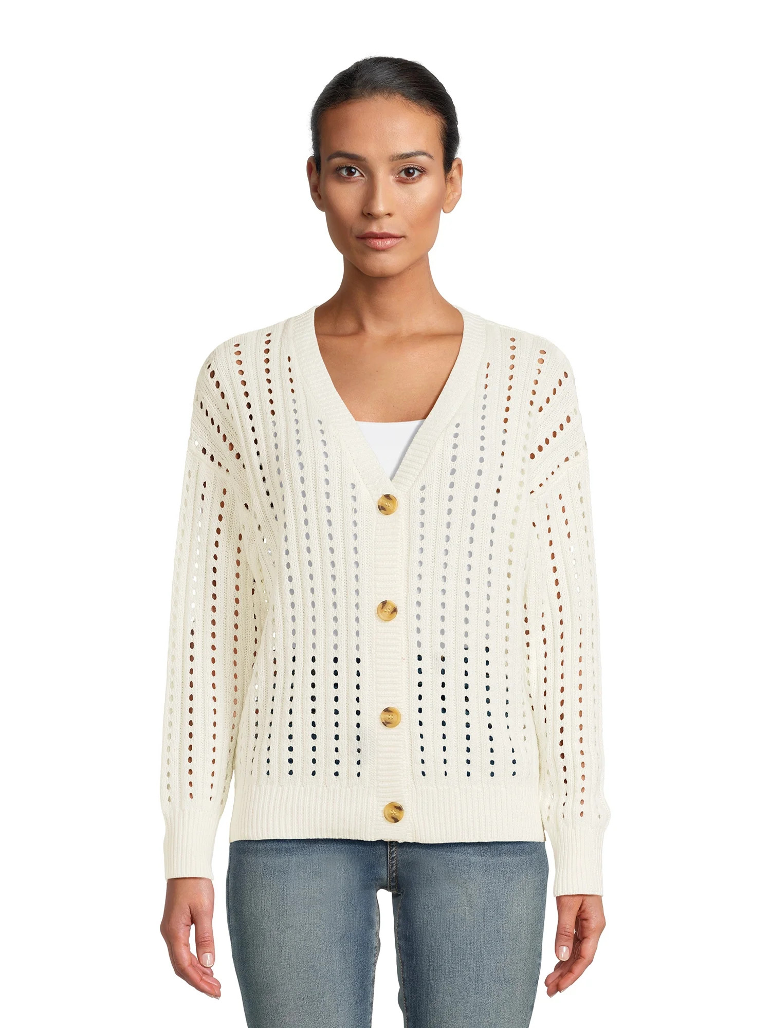 Time and Tru Women's Pointelle Boyfriend Cardigan | Walmart (US)