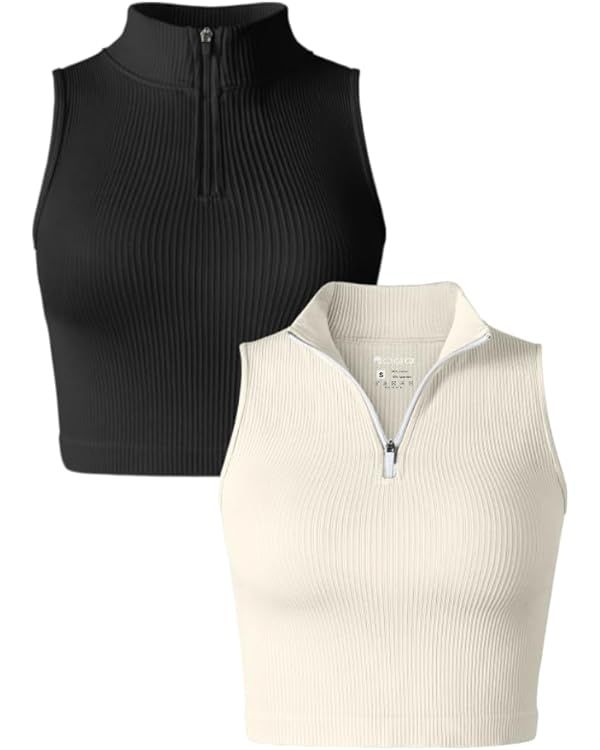 OQQ Women's 2 Piece Tank Tops Sleeveless Zip Basic Stretch Tee Shirts Crop Camis | Amazon (US)