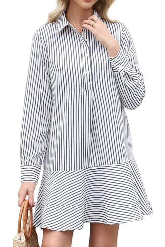 EZAPINE Womens Striped Shirt Mini Dress Long Sleeve Collared Ruffle Hem Button Up Tunic Flowy Swi... | Amazon (US)