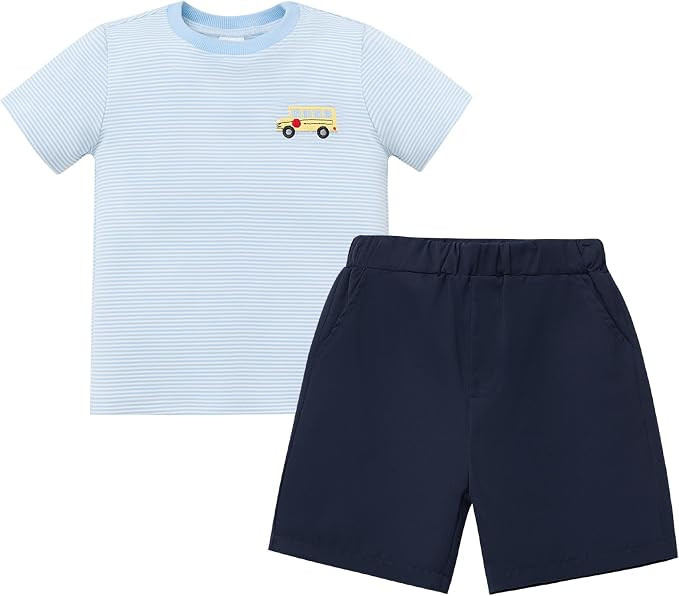 ODOLDI Toddler Boys Back to School Outfit 2 Piece Short Sleeve Striped Apple Embroidery Shirt and... | Amazon (US)