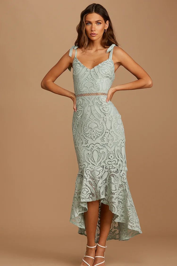 Won Your Heart Sage Green Lace Tie-Strap High-Low Midi Dress | Lulus