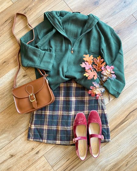 Fall outfit inspo. Amazon fashion. Plaid skirt. Velvet Maryjane ballet flats. 

#LTKSale #LTKSeasonal #LTKsalealert