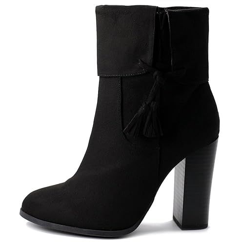 Ollio Women's Shoe Faux Suede Back Zip Up Stacked High Heel Tassel Ankle Boots | Amazon (US)