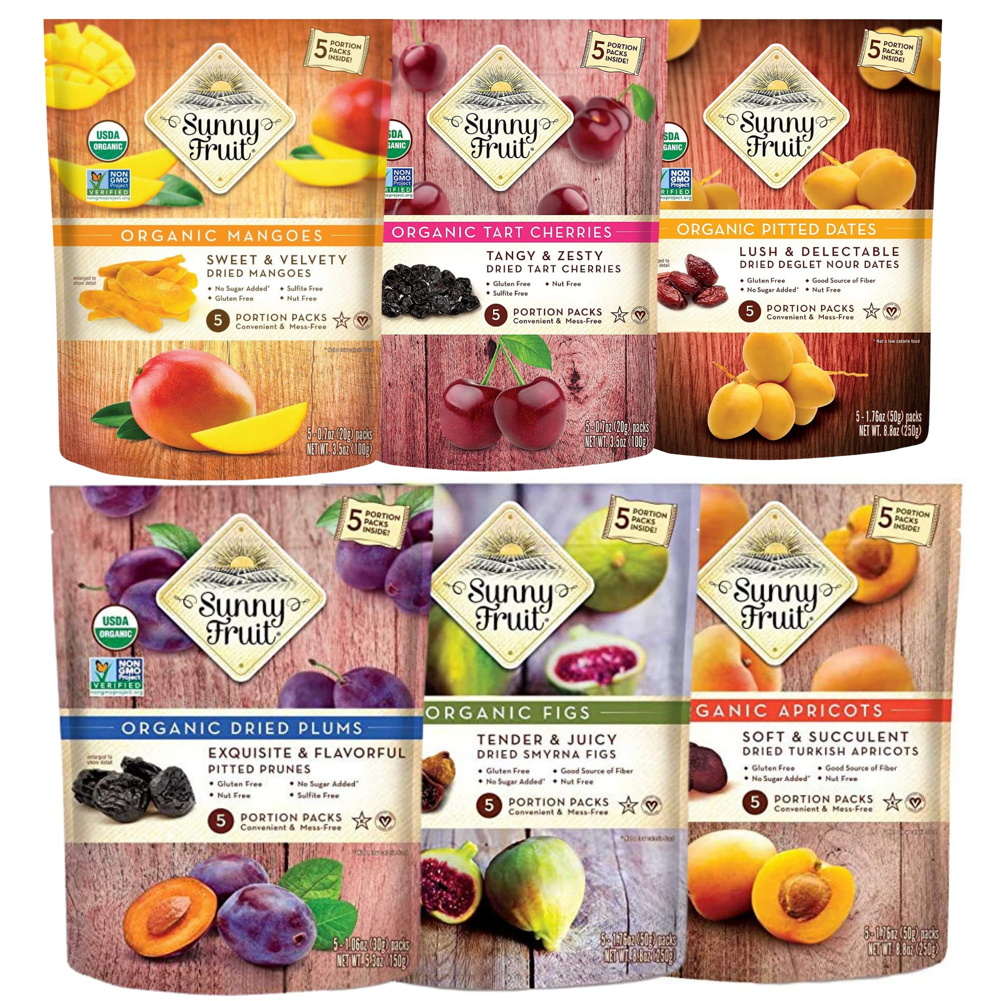 Sunny Fruit Organic Dried Fruit Assortment - Figs, Apricots, Dates, Mango, Cherries & Prunes Variety, 6 Bags (30 Individual Portion Packs) | NON-GMO, HALAL, KOSHER, NO PRESERVATIVES, NO SUGAR ADDED | Amazon (US)
