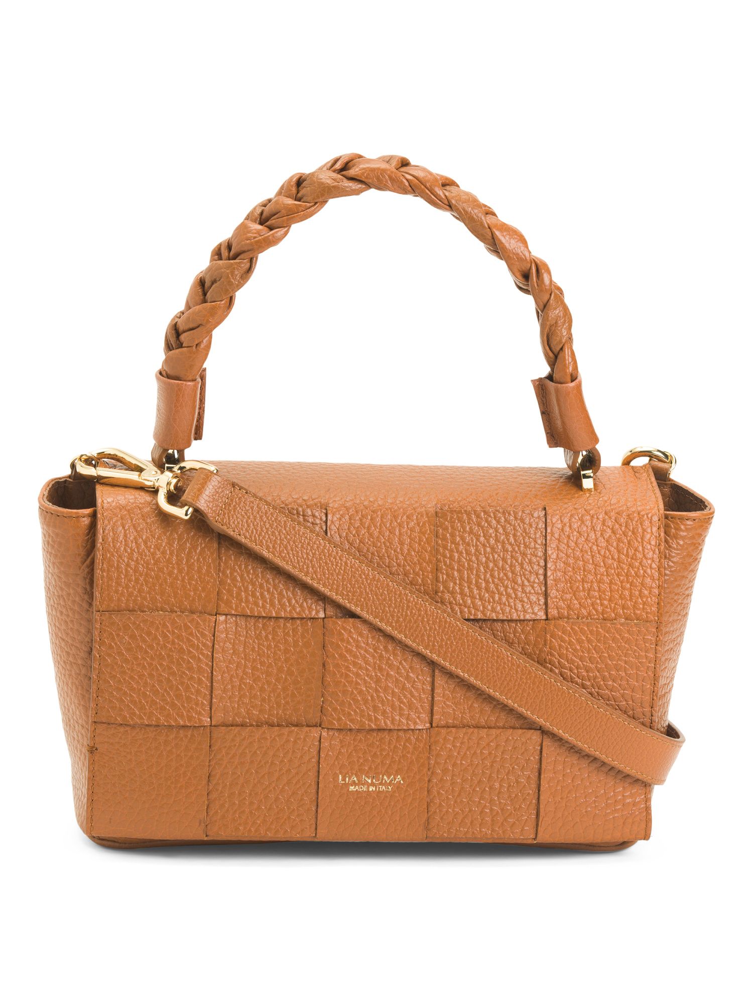 Made In Italy Leather Contemporary Woven Flap Over Satchel | TJ Maxx