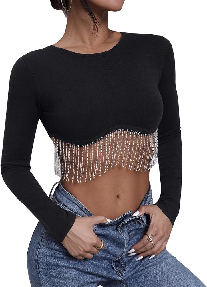 Verdusa Women's Rhinestone Fringe Long Sleeve Crop Top Round Neck Tee Shirt | Amazon (US)