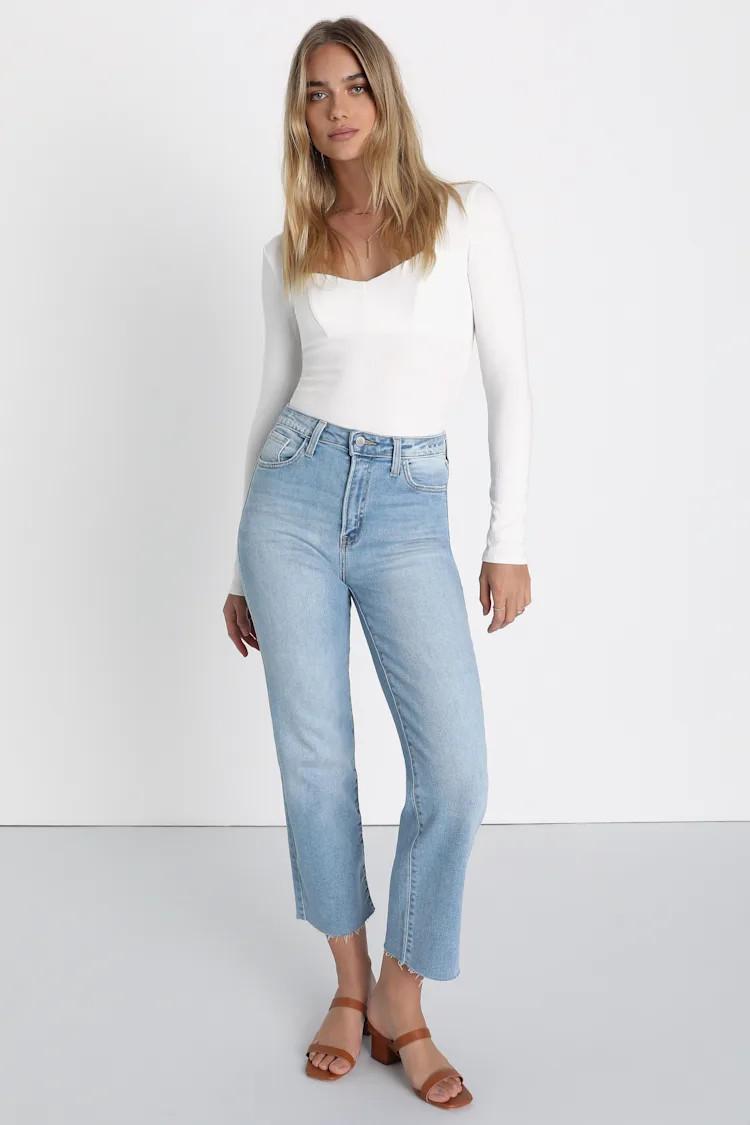 Essential Charm Light Wash Straight Leg Raw Hem Denim Jeans | Lulus