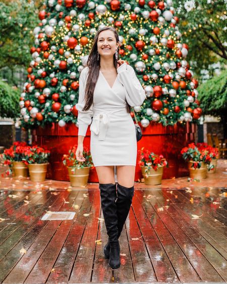 Winter sweater dress. 
Over the knee boots that won’t fall. 
Christmas earrings. 
Christmas sweater dress. 
Holiday dress on Amazon  

#LTKSeasonal #LTKunder50 #LTKHoliday