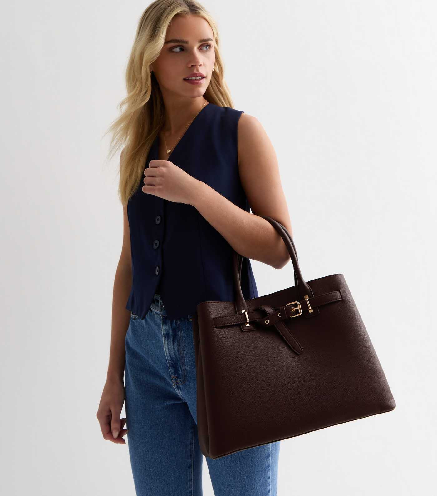 Dark Brown Leather-Look Buckle Tote Bag | New Look | New Look (UK)