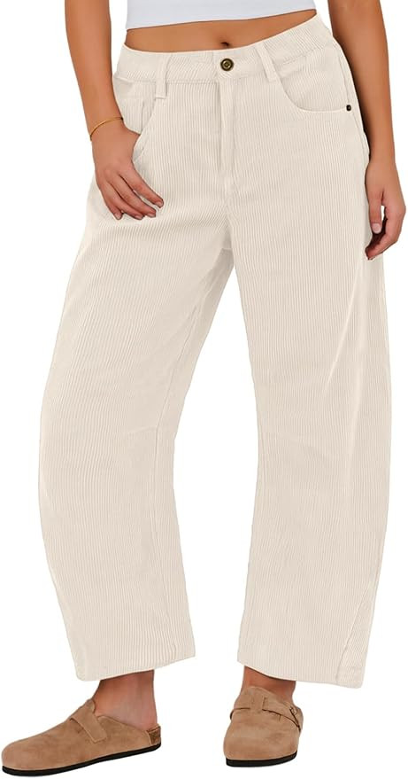 IWOLLENCE Women's Corduroy Barrel Pants Mid-Rise Elastic Waist Casual Cord Wide Legs Baggy Pant w... | Amazon (US)