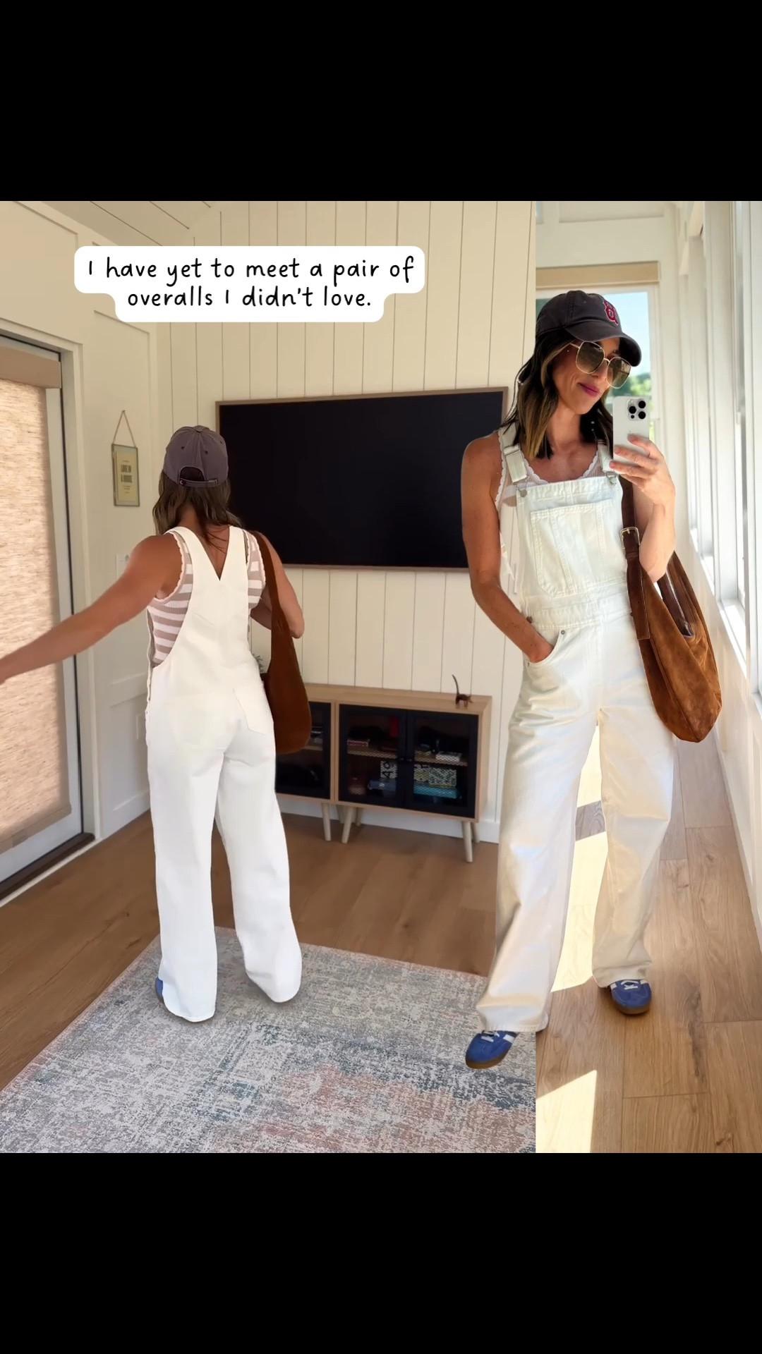 White overalls and blue adidas