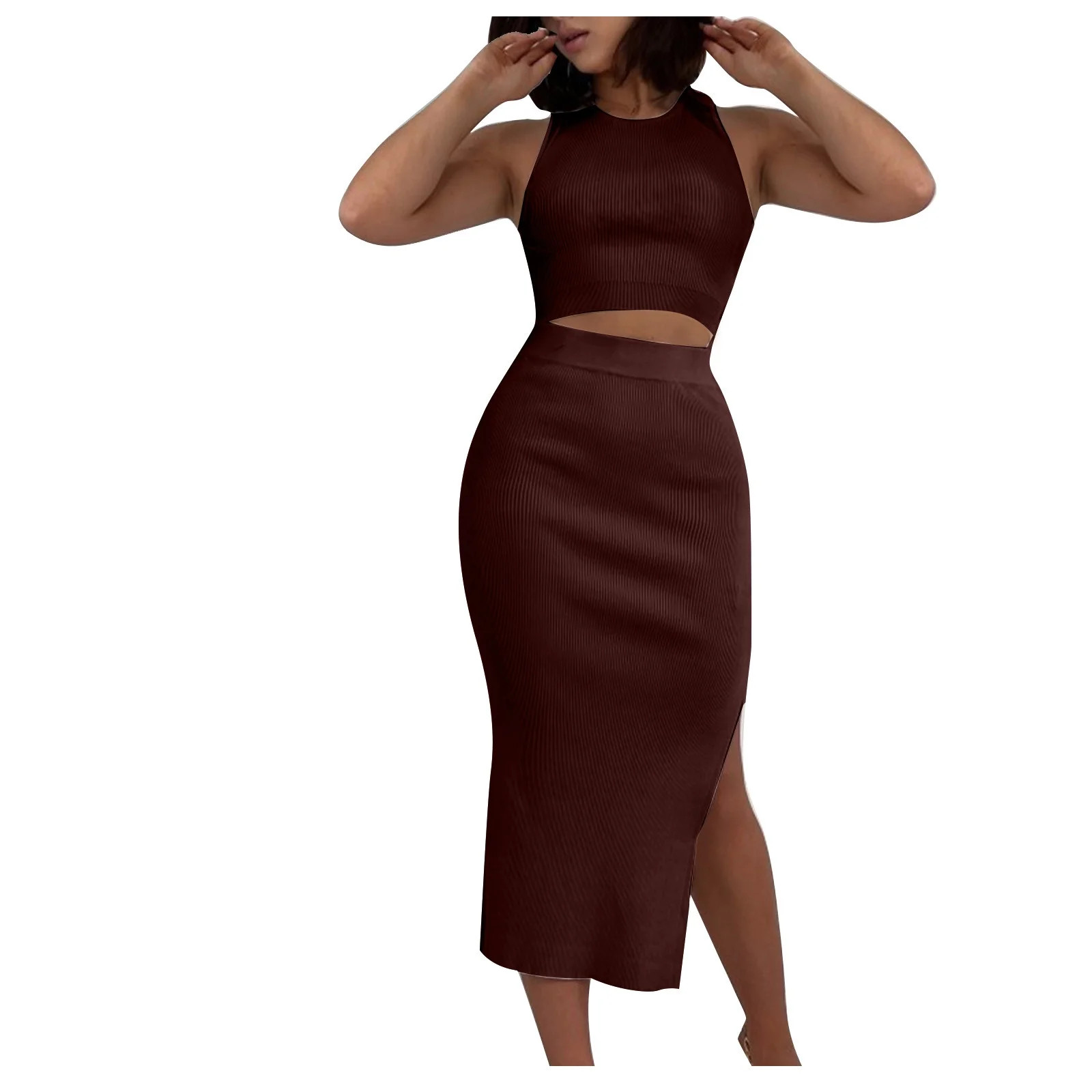 Women's 2 Piece Skirt Outfits Casual Plain Crew Neck Sleeveless Ribbed Tank Tops and Bodycon Slit... | Walmart (US)