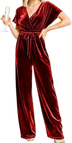 YMDUCH Women's Casual Short Sleeve Belted Long Wide Leg Pant One Piece Jumpsuit | Amazon (US)