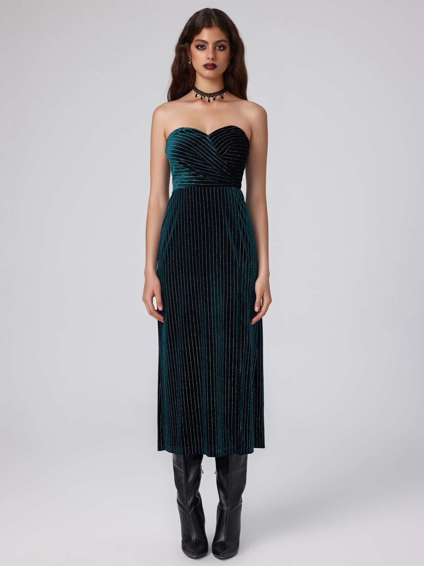 Velvet Tube Stripe Zipper Midi Dress | Cider