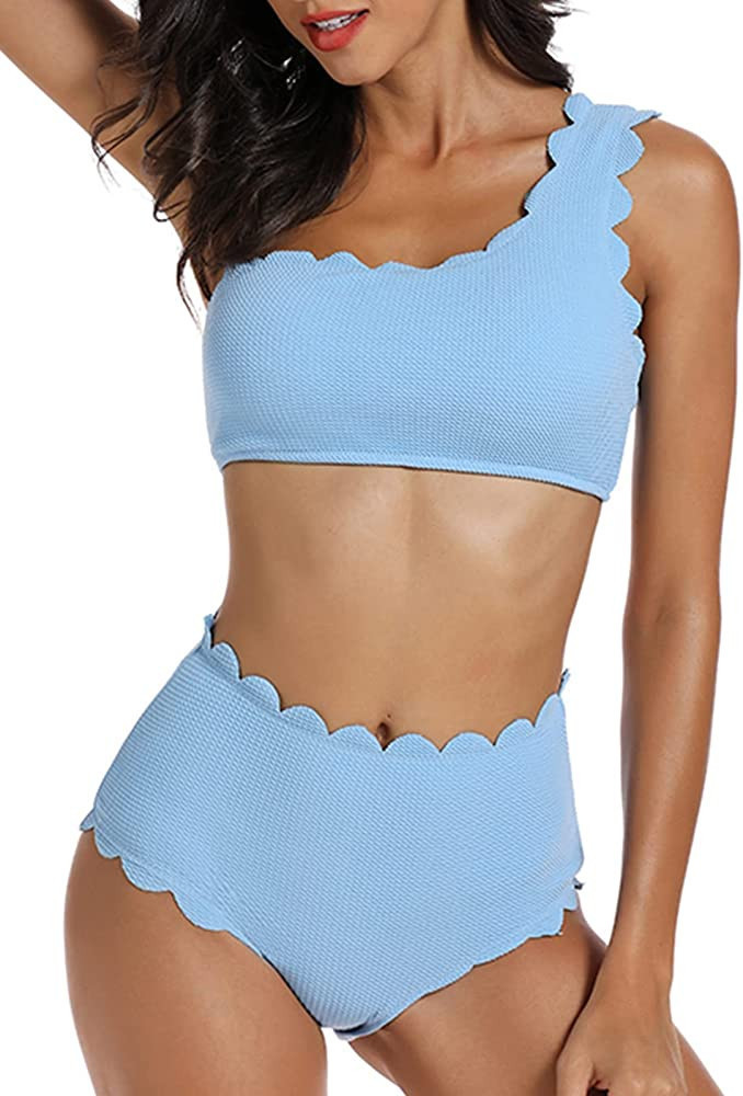 2 Piece One Shoulder High Waisted Scalloped Bikini Set Light Blue Bikini Blue Swimsuit | Amazon (US)