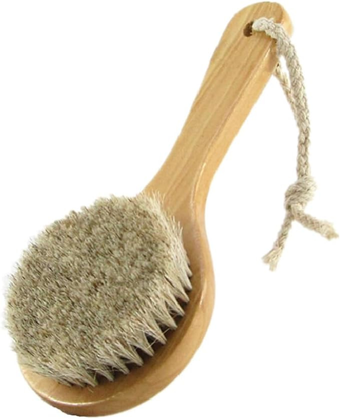 7.87” Short Handle Dry Bath Body Brush Scrubber, Wood Handle Soft Horsehair Mane Natural Bristl... | Amazon (US)